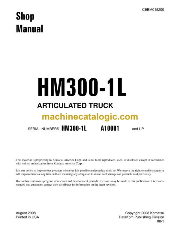 Komatsu HM300-1L Articulated Truck Shop Manual (CEBM015200)