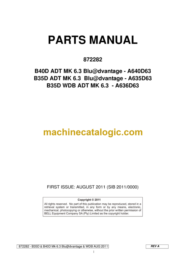 Bell B40D, B35D 6X6 ADT MK 6.3 Blu@dvantage, B35D WDB ADT MK 6.3 Articulated Dump Truck Parts Manual (872282) (A640D63, A635D63, A636D63)