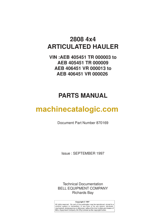 Bell 2808 4x4 Articulated Hauler Parts Manual (870169 and September 1997)