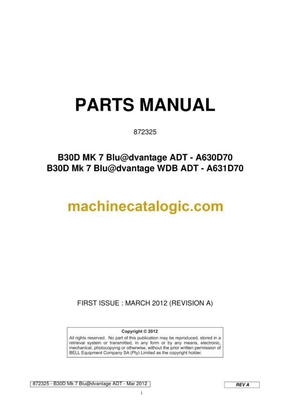 Bell B30D MK 7 Blu@dvantage WDB ADT Articulated Dump Truck Parts Manual (872325) (A630D70, A631D70)