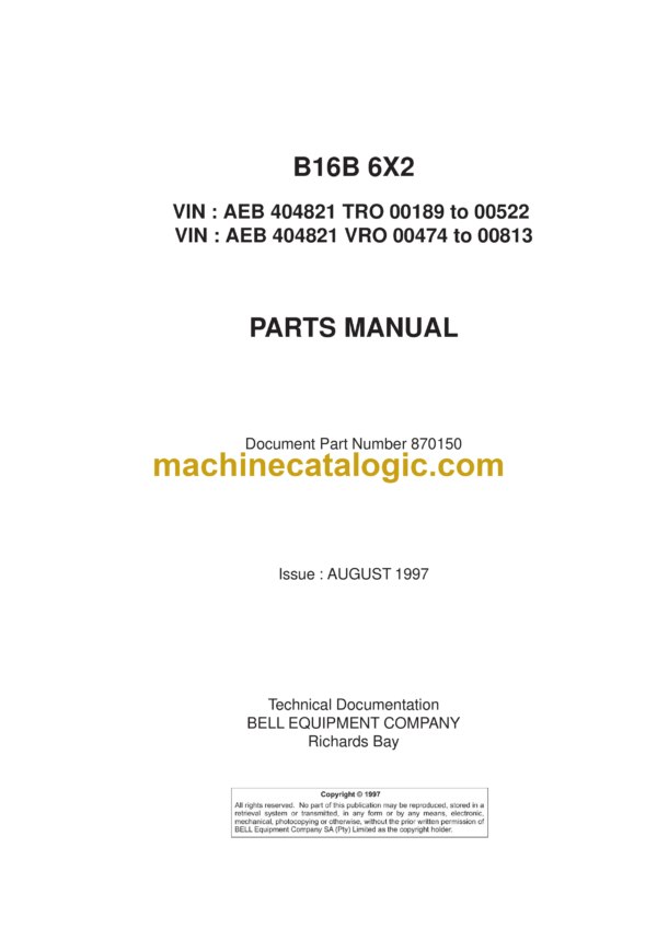 Bell B16B 6x2 Articulated Dump Truck Parts Manual (870150, August 1997)