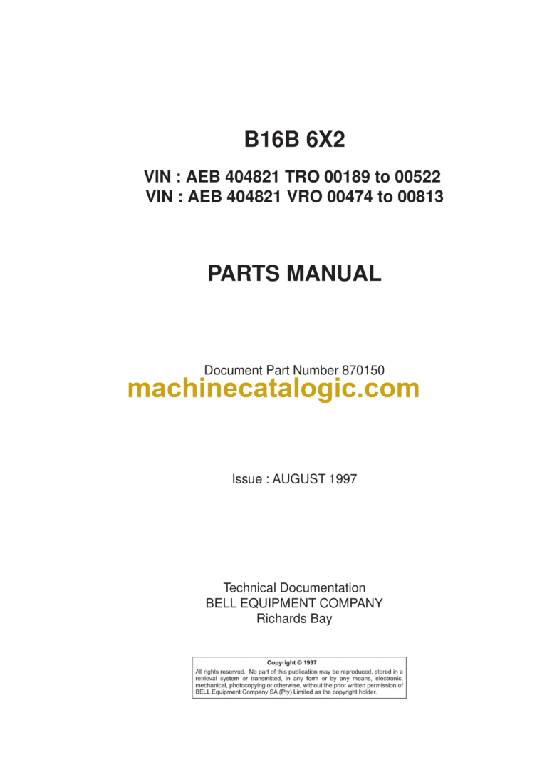 Bell B16B 6x2 Articulated Dump Truck Parts Manual (870150, August 1997)