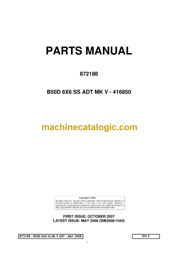 Bell B30D MK 6.3 SCR, WDB ADT Articulated Dump Truck Parts Manual (872275) (A630D63, A631D63)