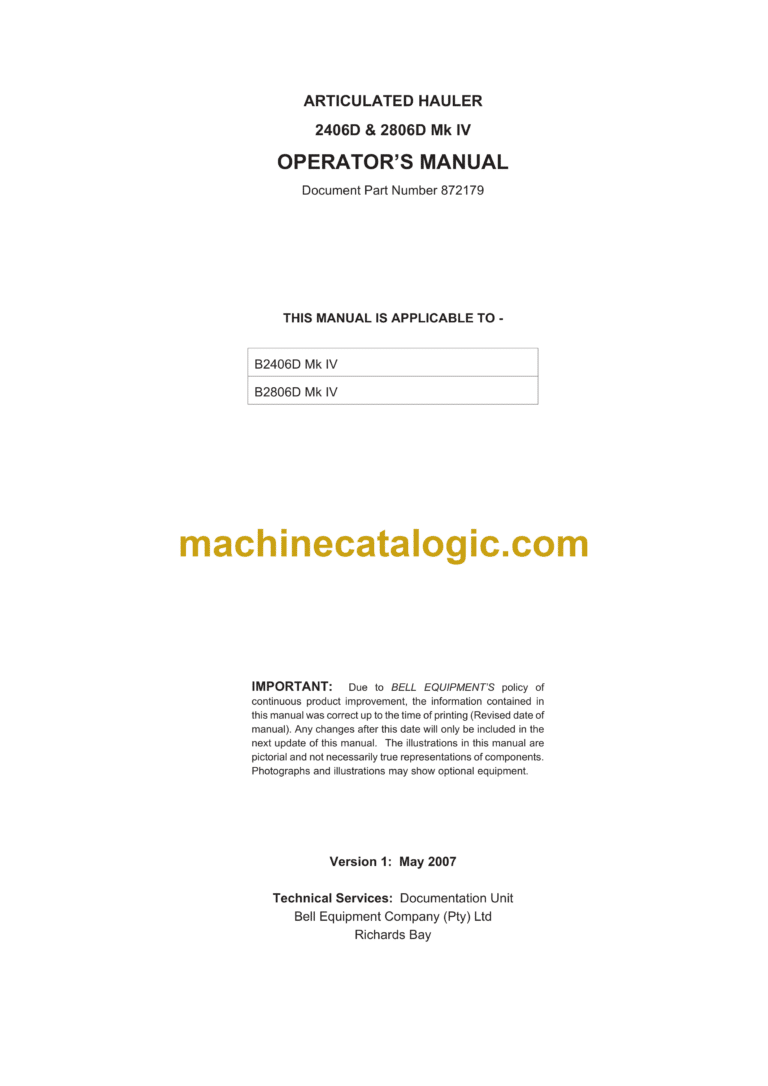 Bell 2406D & 2806D Mk IV Articulated Hauler Operator's Manual (872179)
