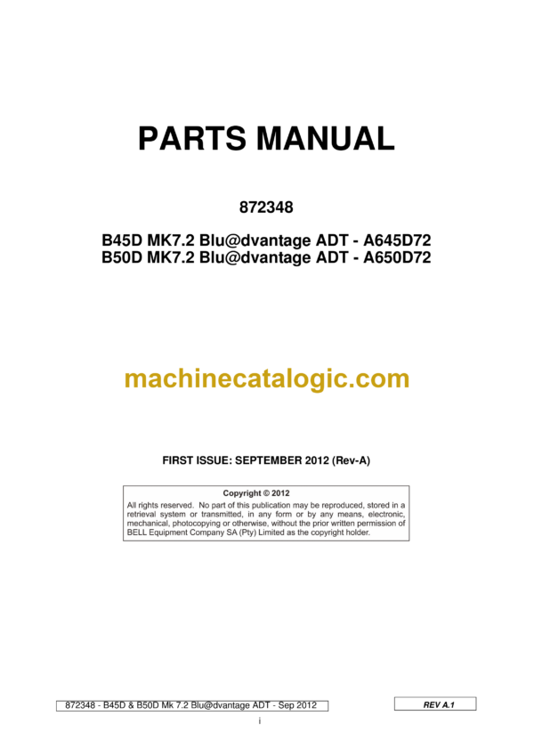 Bell B45D, B50D MK7.2 Blu@dvantage ADT Articulated Dump Truck Parts Manual (872348) (A645D72, A650D72)