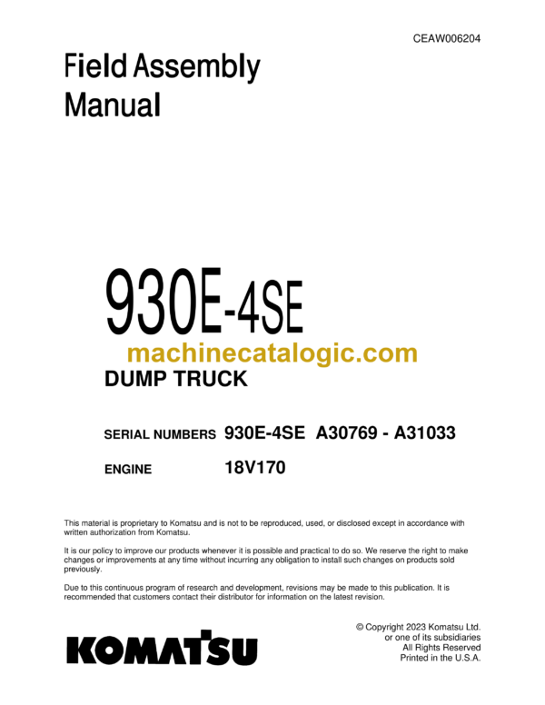 Komatsu 930E-4SE Dump Truck Field Assembly Manual (CEAW006204)