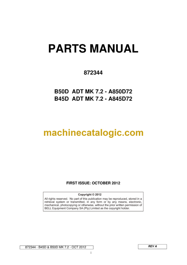 Bell B50D, B45D ADT MK 7.2 Articulated Dump Truck Parts Manual (872133) (A850D72, A845D72)