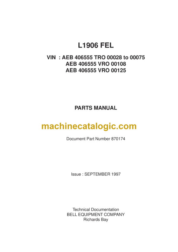 Bell L1906 Frontend Loader Parts Manual (870174)