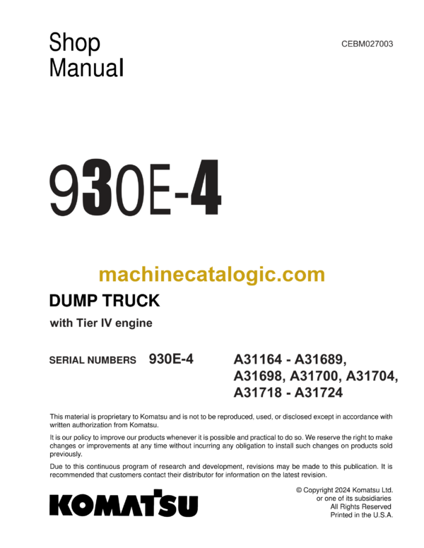 Komatsu 930E-4 Dump Truck Shop Manual (CEBM027003)