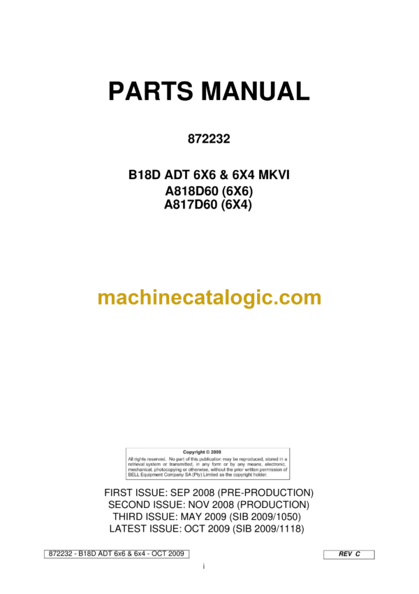 Bell B18D ADT 6X6 & 6X4 MKVI Articulated Dump Truck Parts Manual (872232) (A818D60, A817D60)