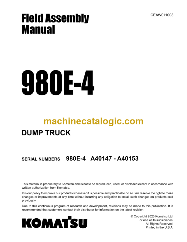 Komatsu 980E-4 Dump Truck Field Assembly Manual (CEAW011003)