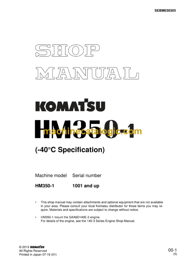 Komatsu HM350-1 Dump Truck Shop Manual (SEBM030305)