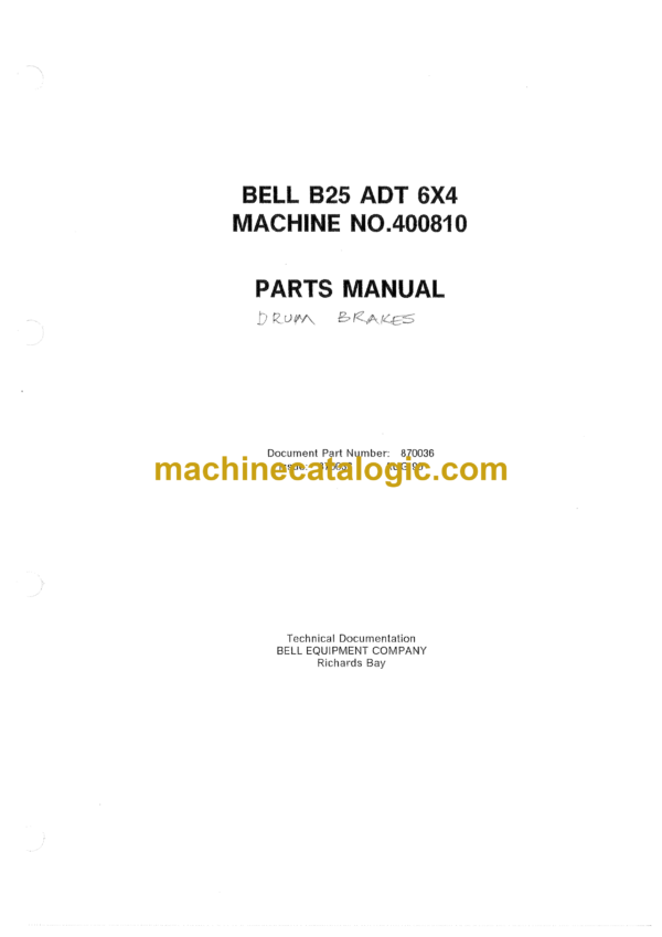 Bell B25 6x4 ADT Articulated Dump Truck Parts Manual (870036)