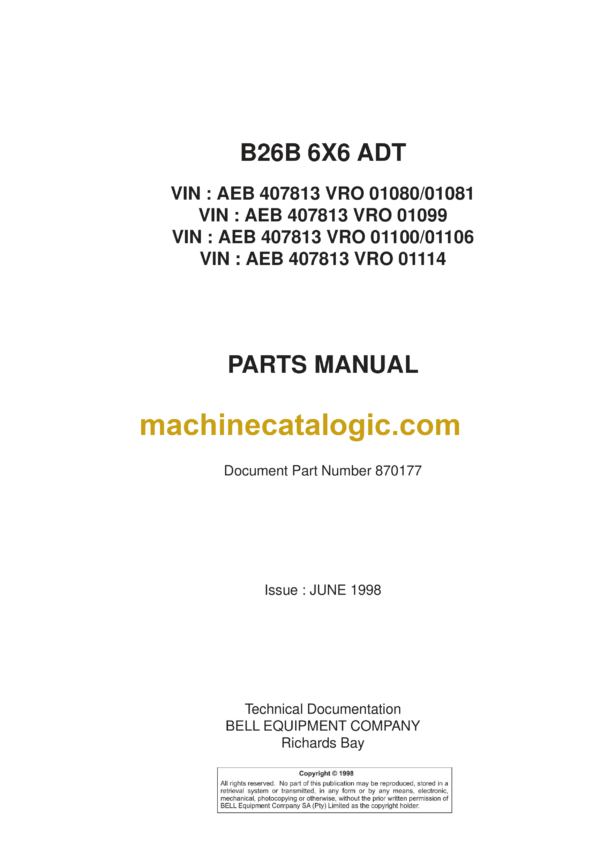 Bell B26B 6X6 ADT Articulated Dump Truck Parts Manual (870177)