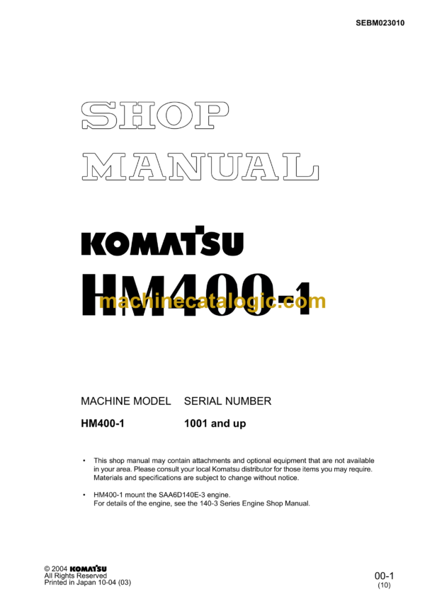 Komatsu HM400-1 Articulated Dump Truck Shop Manual (SEBM023010)