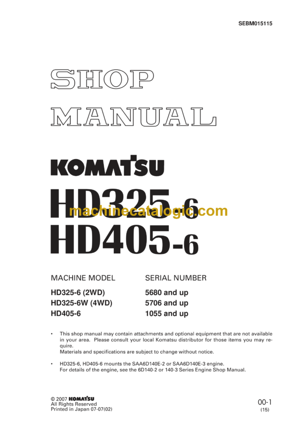 Komatsu HD325-6, HD405-6 Dump Truck Shop Manual (SEBM015115)