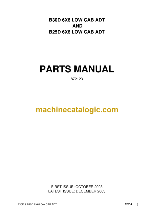 Bell B30D 6X6 LOW CAB ADT, B25D 6X6 LOW CAB ADT Articulated Dump Truck Parts Manual (872123)