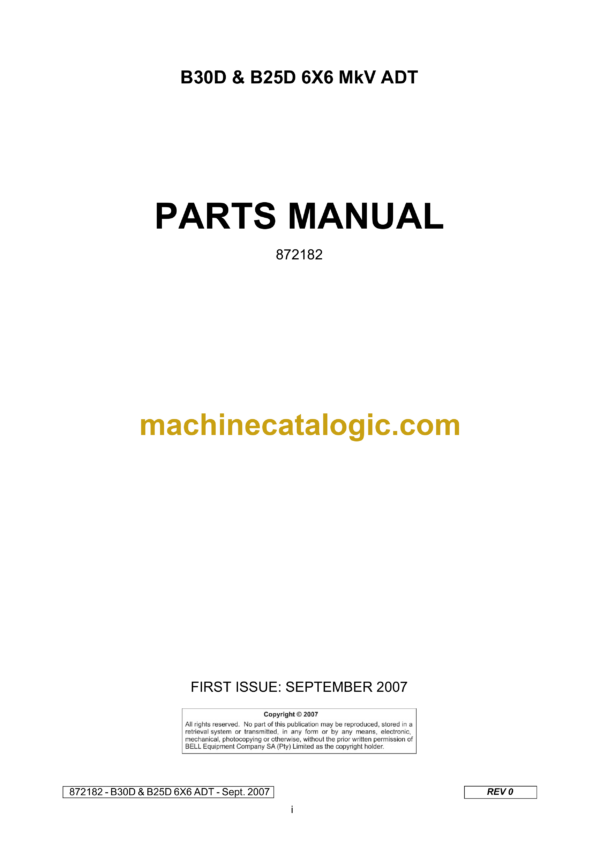 Bell B30D & B25D 6X6 MkV ADT Articulated Dump Truck Parts Manual (872182)