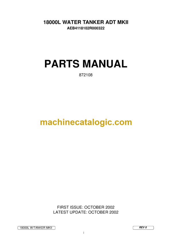 Bell 18000L Water Tanker Mk I ADT Articulated Dump Truck Parts Manual (874056)