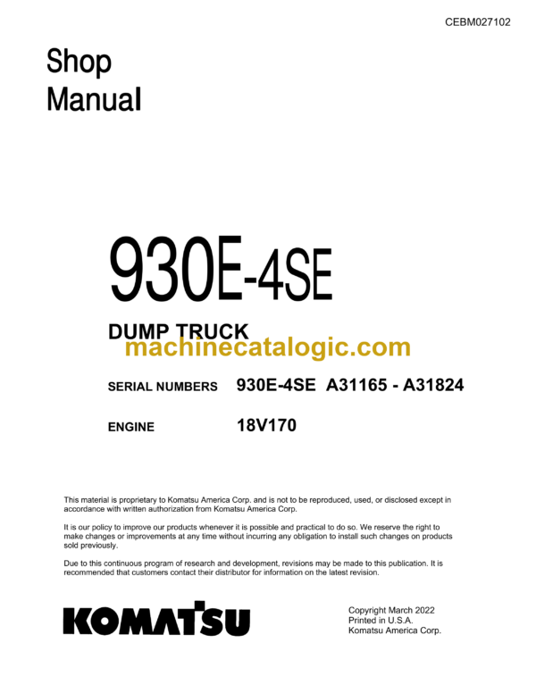 Komatsu 930E-4SE Dump Truck Shop Manual (CEBM027102)