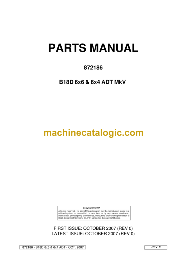 Bell B18D 6x6 & 6x4 Mk V ADT Articulated Dump Truck Parts Manual (872186)