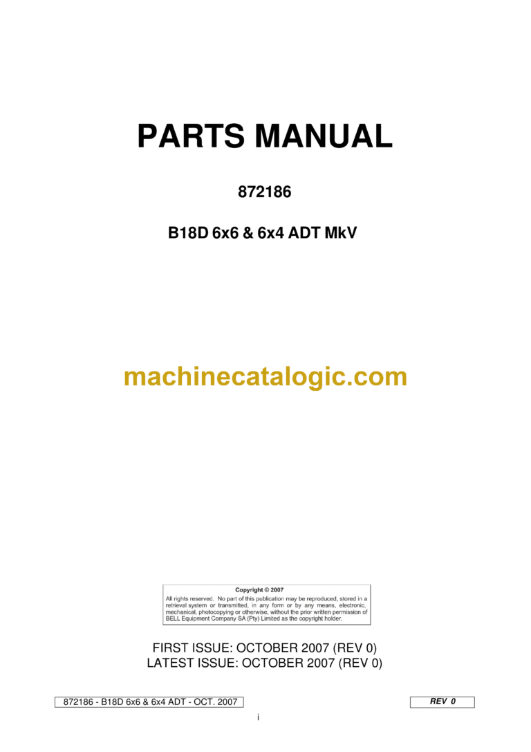 Bell B18D 6x6 & 6x4 Mk V ADT Articulated Dump Truck Parts Manual (872186)