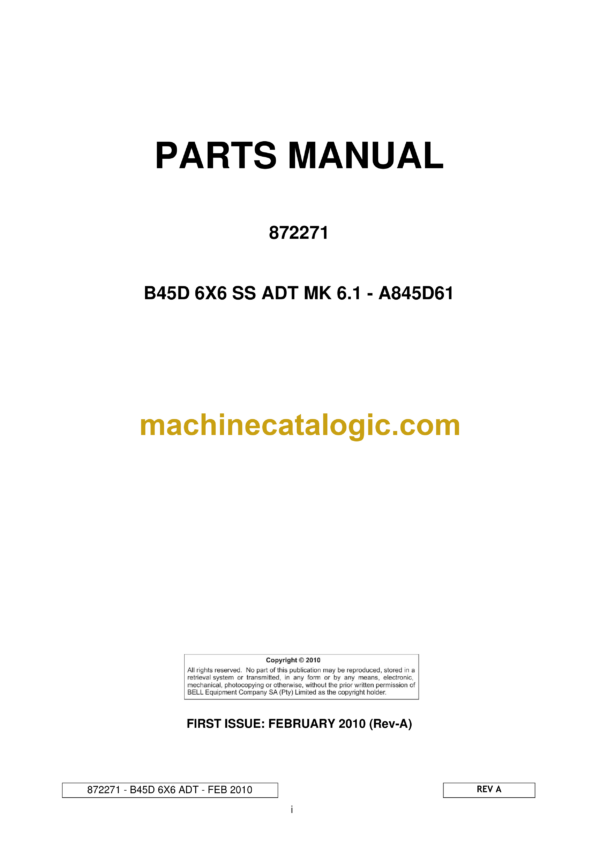 Bell B45D 6X6 SS ADT MK 6.1 - A845D61 Articulated Dump Truck Parts Manual (872271)