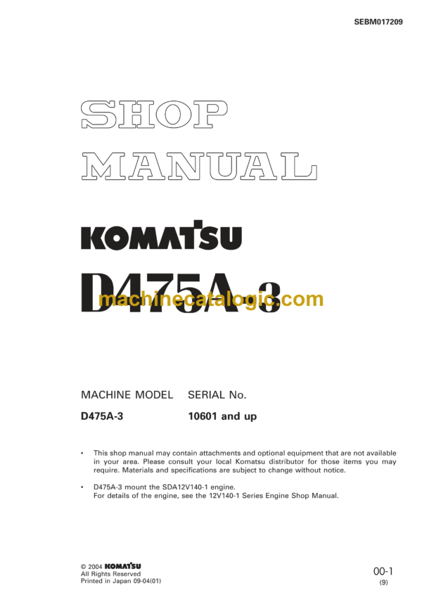 Komatsu D475A-3 Dump Truck Shop Manual (SEBM017209)