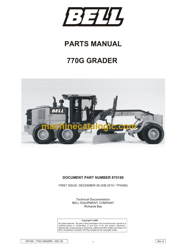 Bell 770G Grader Parts Manual (870160)