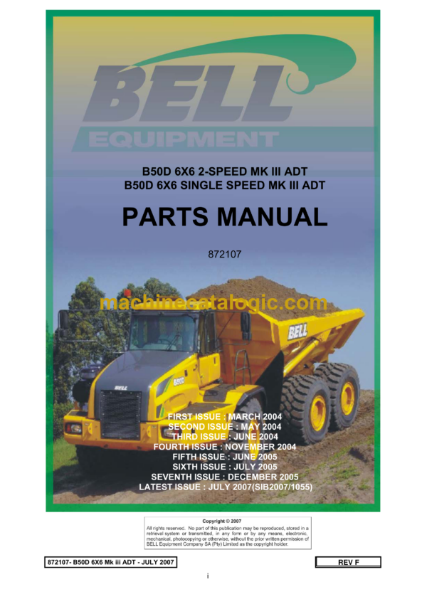 Bell B50D 6X6 2-SPEED MK III ADT, B50D 6X6 SINGLE SPEED MK III ADT Articulated Dump Truck Parts Manual (872107)