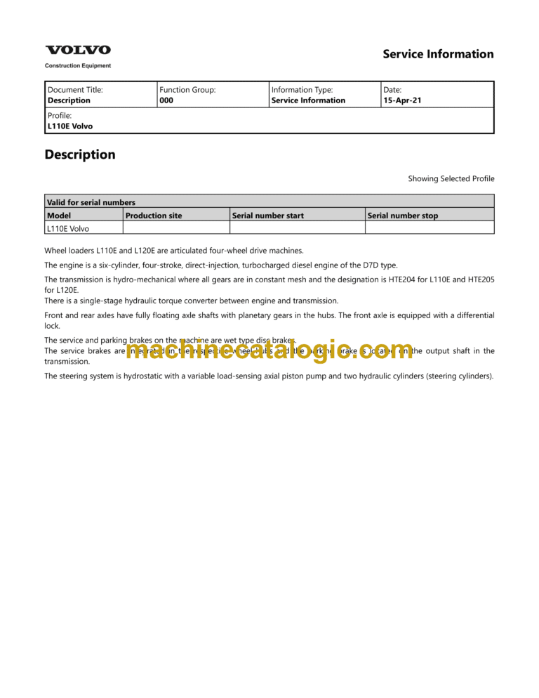 Volvo L110E Wheel Loader Service & Repair Manual