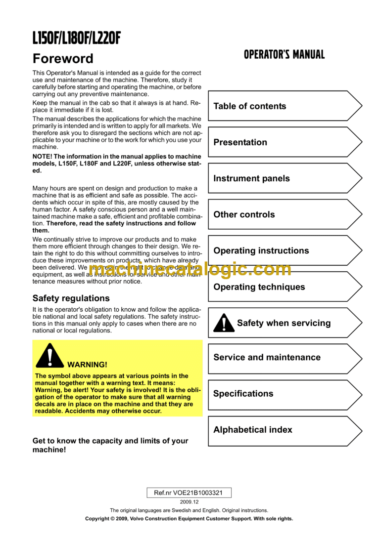 Volvo L150F, L180F, L220F Wheel Loader Operator's Manual