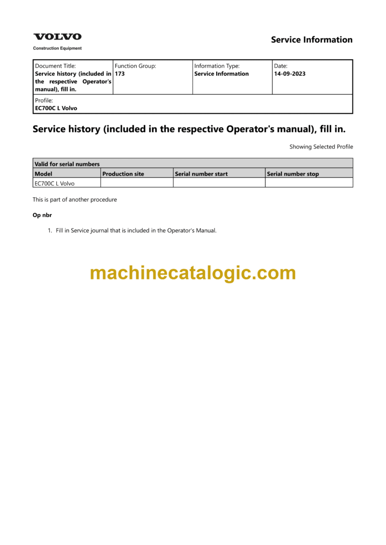 Volvo EC700CL Hydraulic Crawler Excavator Operator's Manual