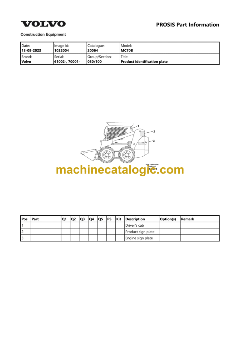 Volvo MC70B Skid Steer Loader Parts Manual (61002-, 70001-)
