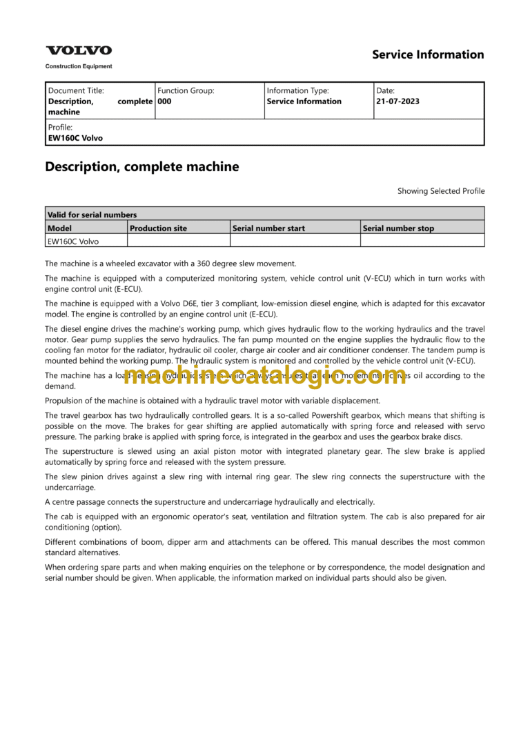 Volvo EW160C Hydraulic Wheel Excavator Service &amp; Repair Manual