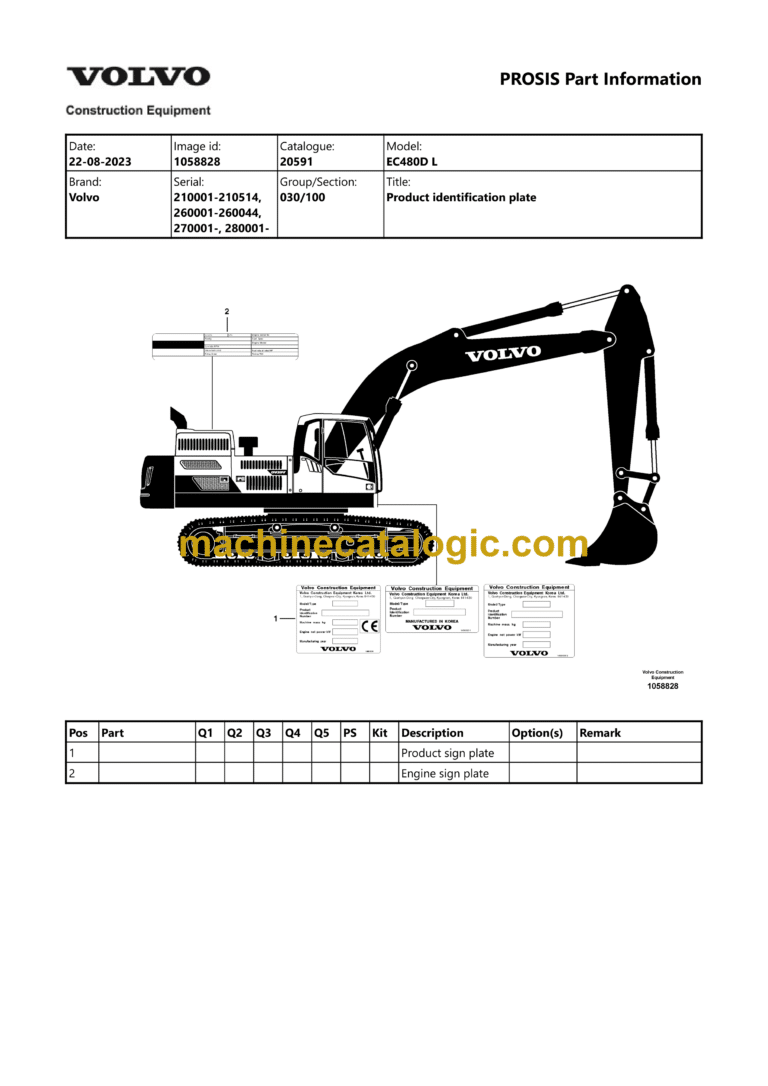 Volvo EC480DL Hydraulic Crawler Excavator Parts Manual