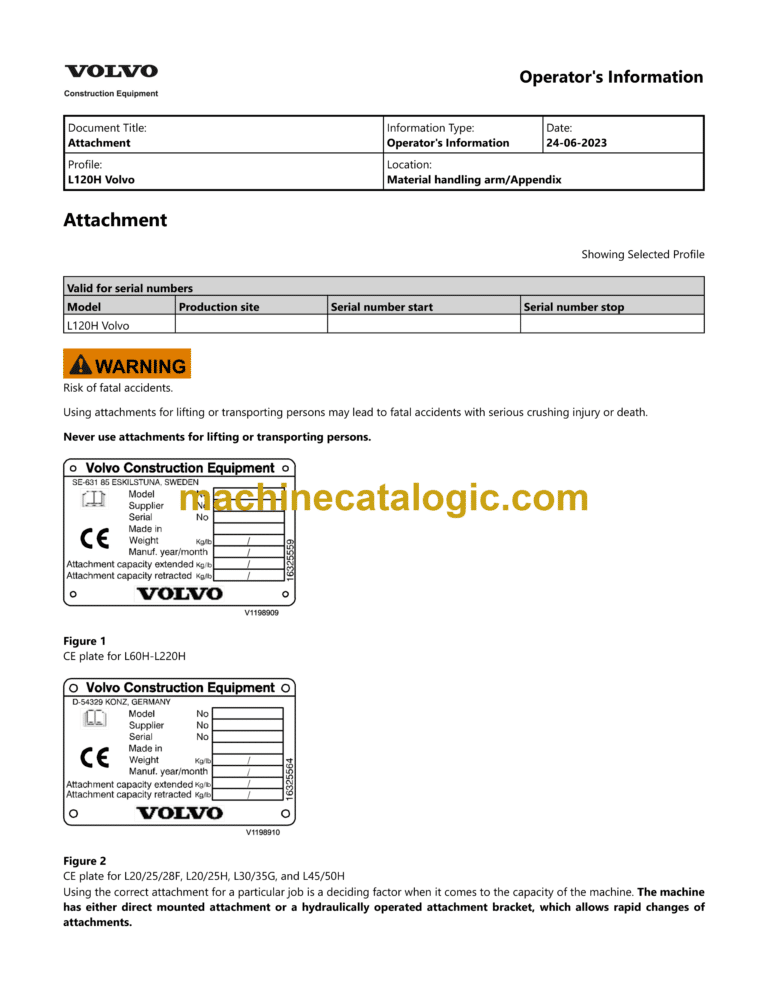 Volvo L120H Wheel Loader Operator's Manual