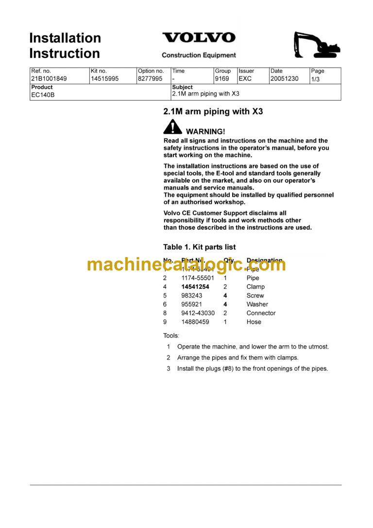 Volvo EC140B LC Hydraulic Crawler Excavator Operator's Manual