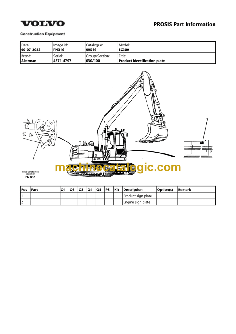 Volvo EC300 Akerman Hydraulic Crawler Excavator Parts Manual