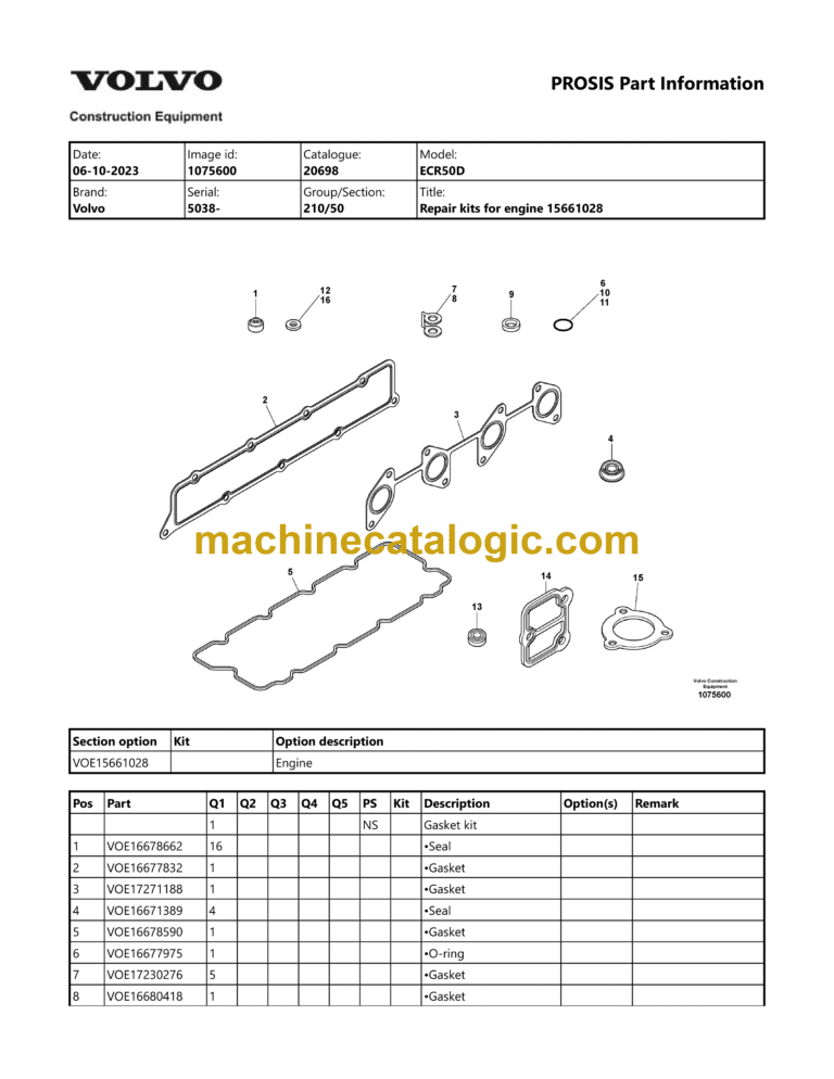 Volvo ECR50D Hydraulic Compact Excavator Parts Manual