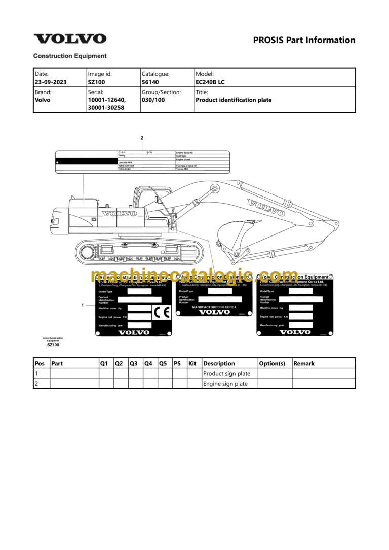 Volvo EC240B LC Hydraulic Crawler Excavator Parts Manual