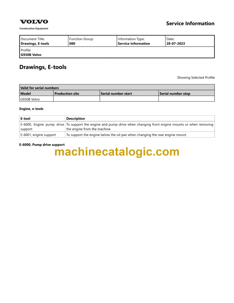 Volvo G930B Motor Grader Service and Repair Manual
