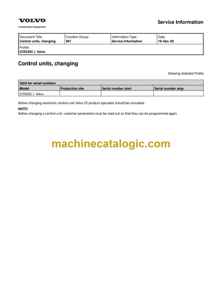 Volvo ECR235CL Hydraulic Crawler Excavator Service &amp; Repair Manual