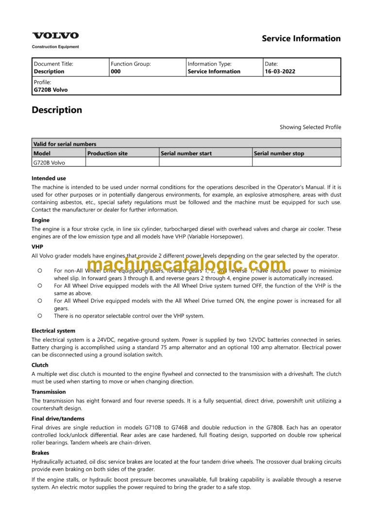 Volvo G720B Motor Grader Service and Repair Manual