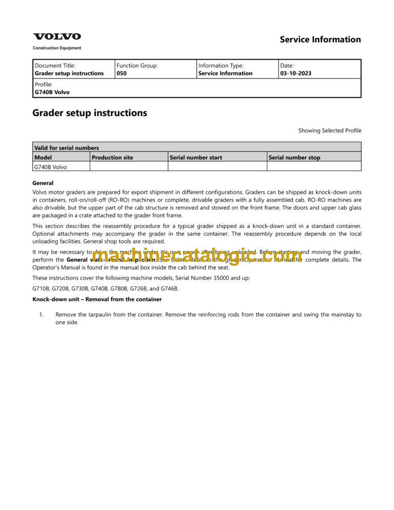 Volvo G740B Motor Grader Service and Repair Manual