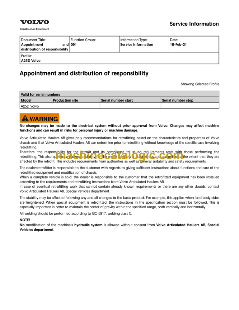 Volvo A25D Articulated Hauler Dump Truck Service & Repair Manual