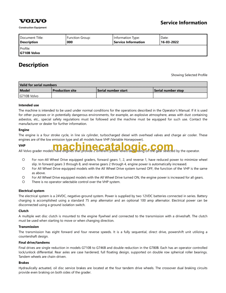 Volvo G710B Motor Grader Service and Repair Manual