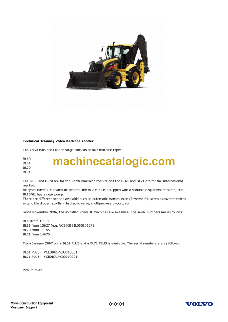 Volvo BL60, BL61, BL70, BL71 Backhoe Loader Technical Training