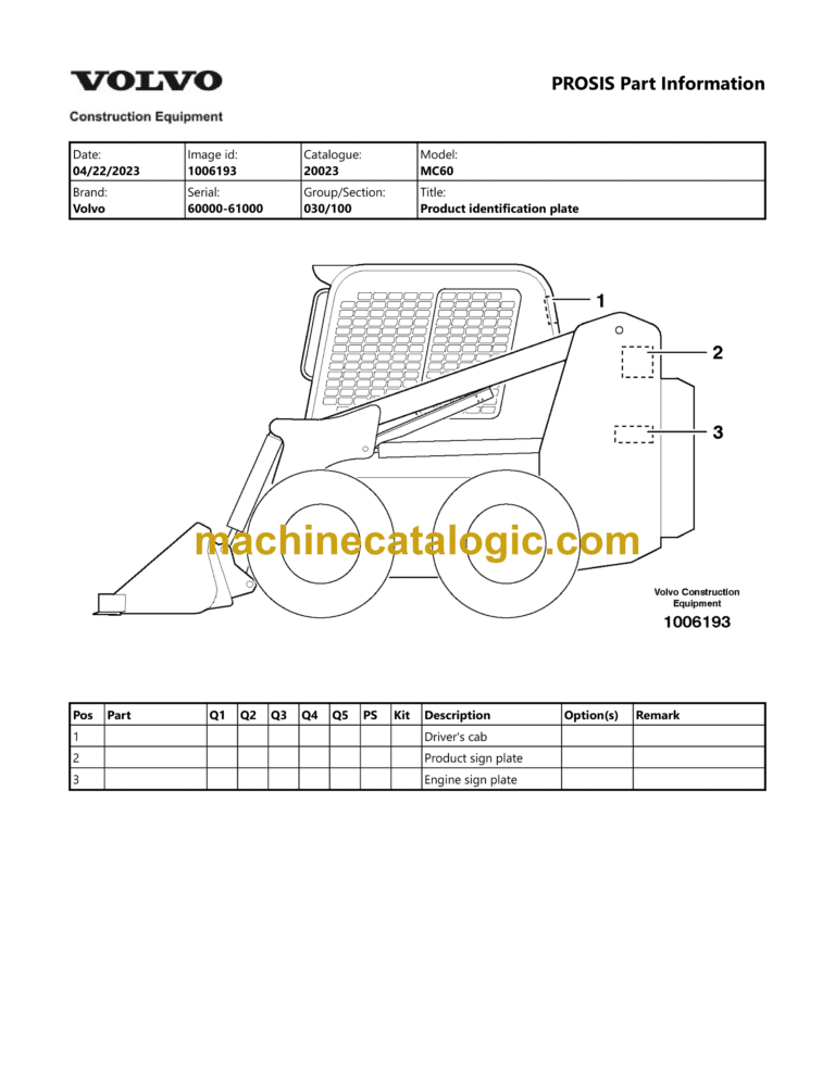 Volvo MC60 Skid Steer Loader Parts Manual