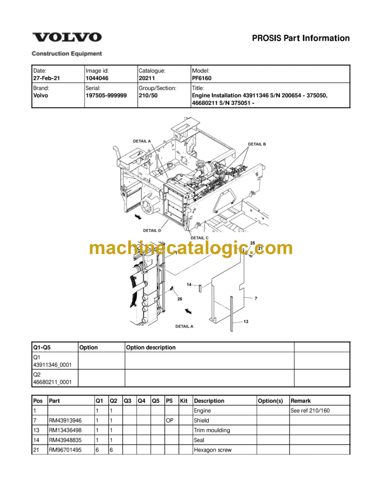 Volvo PF6160 Wheeled Paver Parts Manual